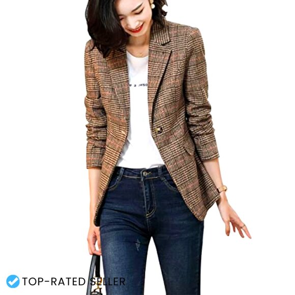 Houndstooth Plaid Blazer Jacket Notch Lapel Boyfriend Fit Chic Elegant - Picture 3 of 6